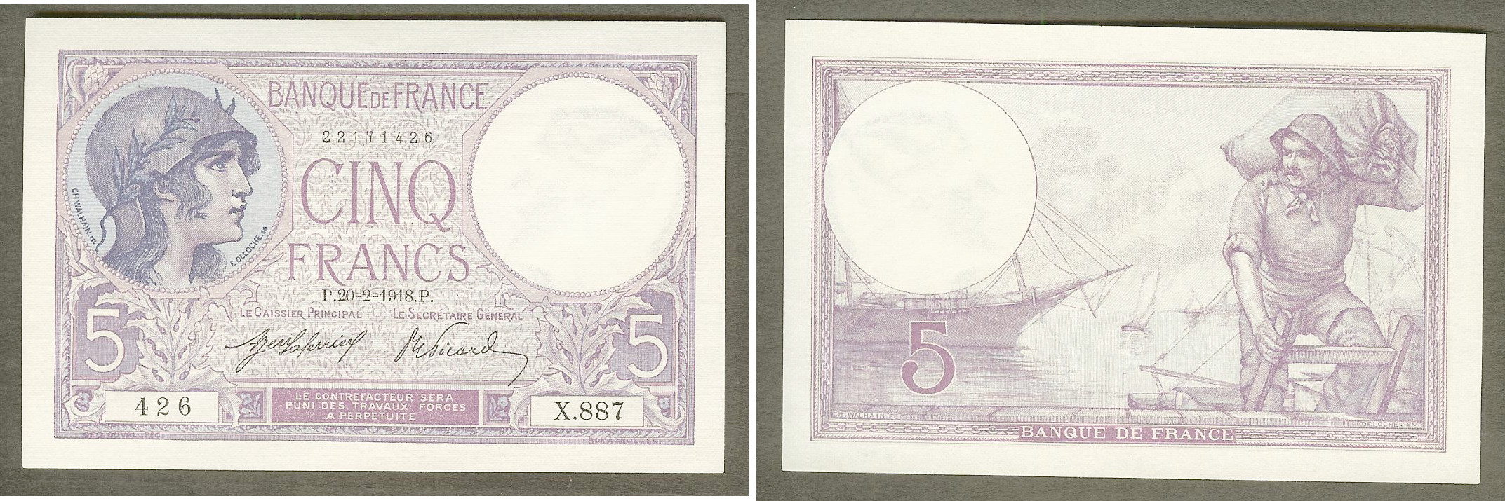 5 Francs VIOLET FRANCE 1918 NEUF
